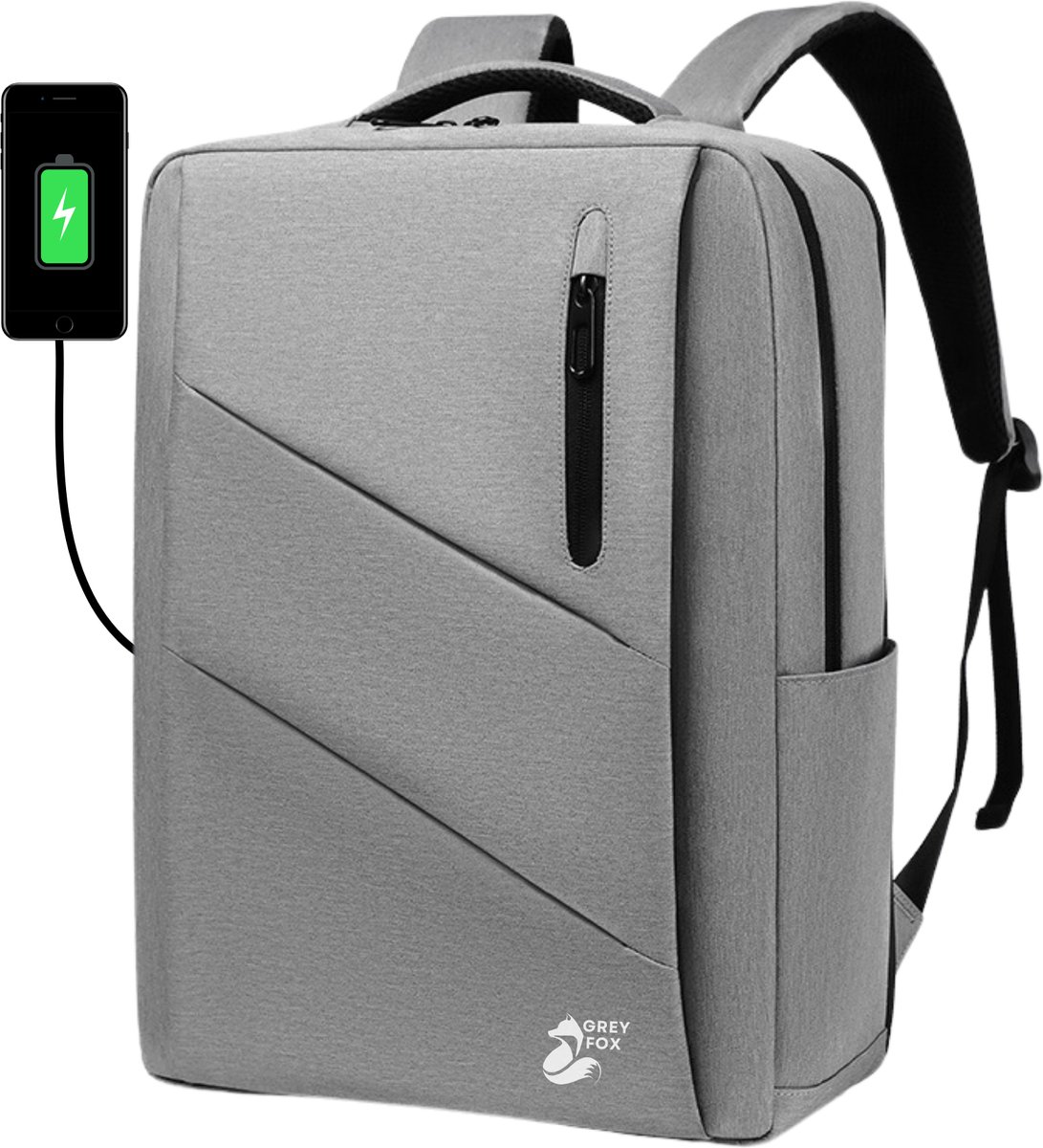 Grey Fox Laptop Rugzak met USB Oplaadpoort - 17,3 inch - Schooltas - Waterafstotend - Kofferinsteek - 31L Ruime Capaciteit - Grijs