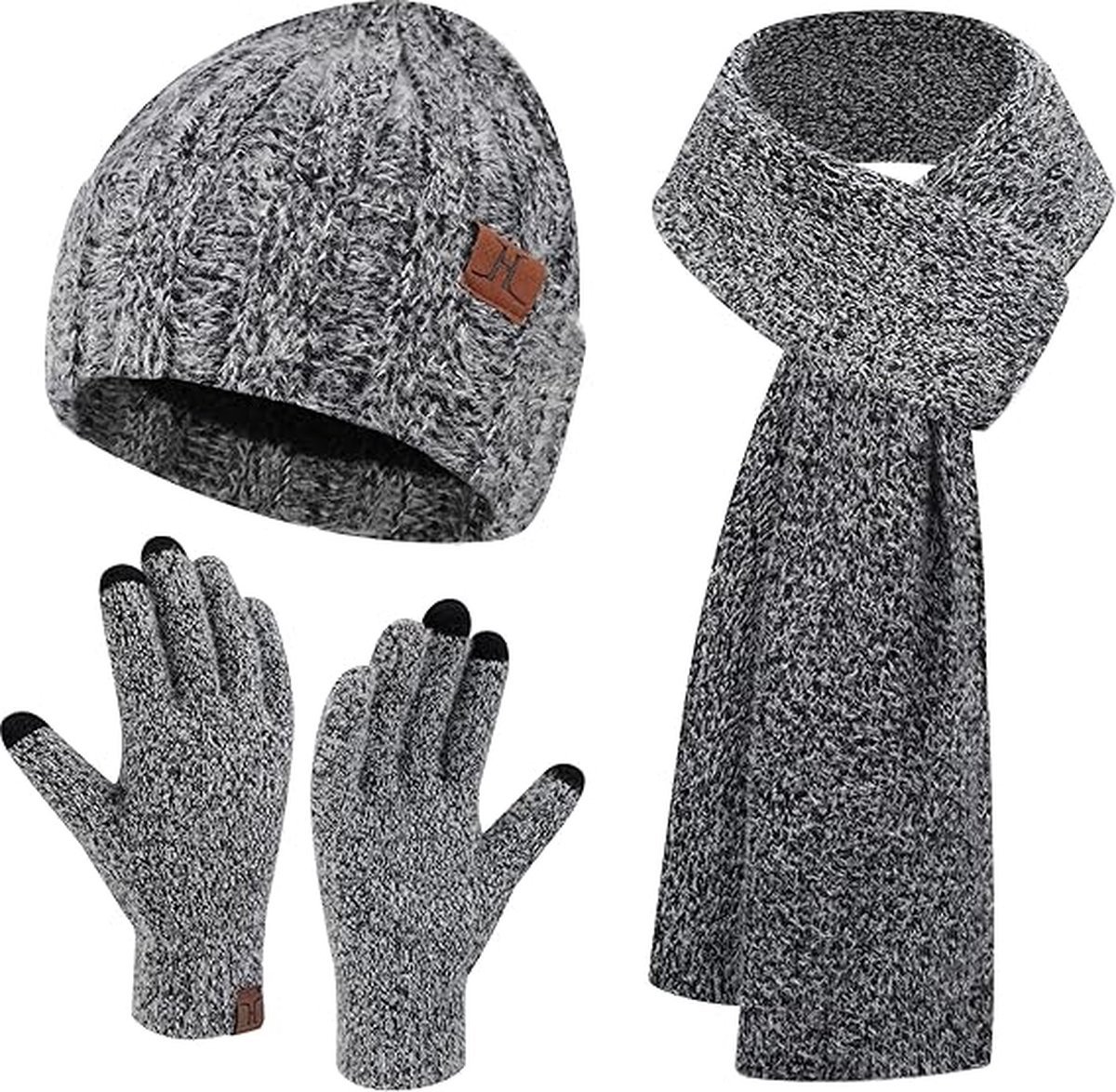 Warme winterset 3 stuks - Zwart - Gevoerde muts beanie, lange sjaal, touchscreen handschoenen - 3-delige set voor volwassenen - Black Friday 2023 - Kerstcadeau
