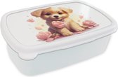 Broodtrommel Wit - Lunchbox Hond - Bloemen - Roze - Meisjes - Kind - Brooddoos 18x12x6 cm - Brood lunch box - Broodtrommels voor kinderen en volwassenen