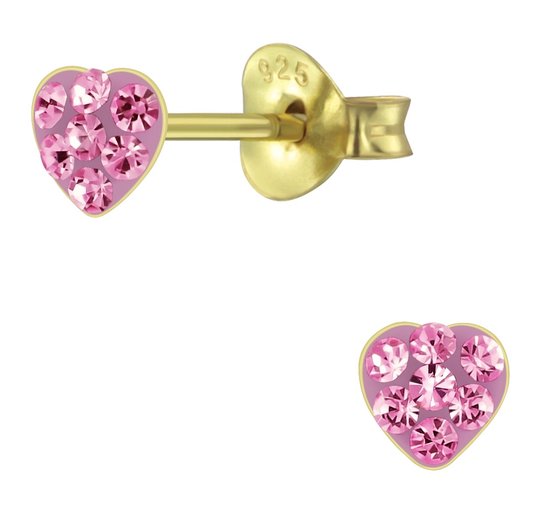 Joy|S - Zilveren petit hartje oorbellen - 4 mm - kristal roze - 14k goudplating - kinderoorbellen