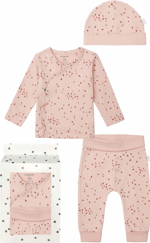 Foto: Noppies cadeausetje newborn cadeaudoosje met kledingset kraamcadeau babyshower 3delig broek nicea overslag shirt nantes mutsje navar rose smoke maat 50
