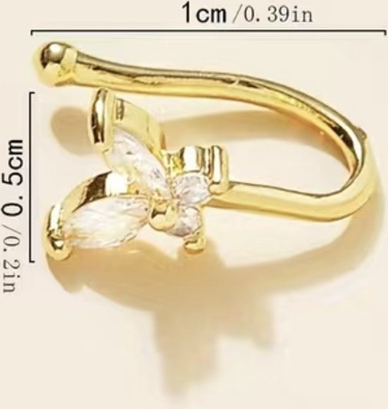 Gouden neuspiercing met vlindervormige zirkonia steentjes, 1cm x 0.5cm.