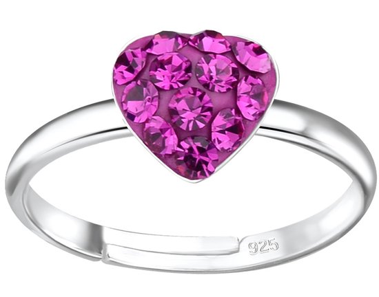 Joy|S - Zilveren hartje ring - Fuchsia roze kristal - verstelbaar voor kinderen