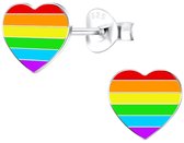 Joy|S - Zilveren hartje oorbellen - regenboog multicolor - 8 x 7 mm