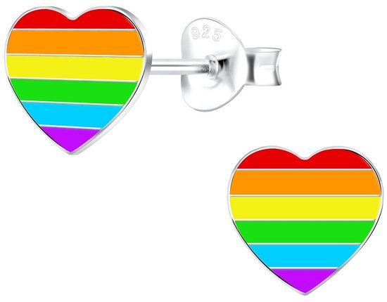 Joy|S - Zilveren hartje oorbellen - regenboog multicolor - 8 x 7 mm