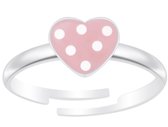 Joy|S - Zilveren hartje ring - verstelbaar - roze met witte stipjes - voor kinderen
