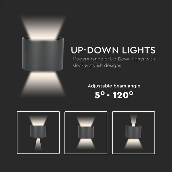 Applique LED Up & Down (Zwart) Ronde 5W - Extérieur IP65 Etanche - LED Bridgelux Wit Chaud 3000K
