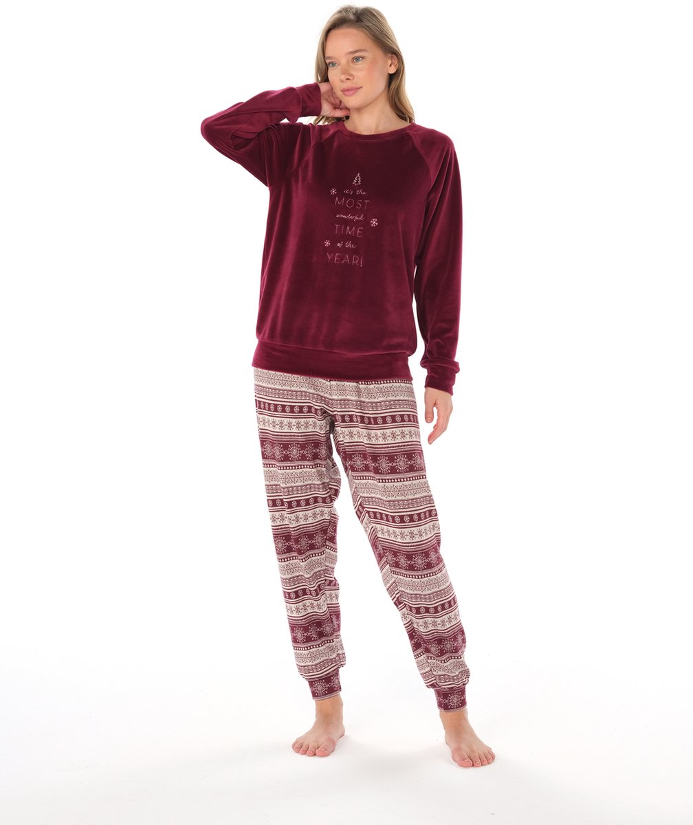 Feyza Fluwelen Dames Pyjama Set, Lange Mouwen bordeaux