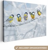 Canvas - Schilderij - Vogel - Koolmees - Winter - Sneeuw - Takken - Schilderijen op canvas - Canvas doek - 90x60 cm - Wanddecoratie vogels
