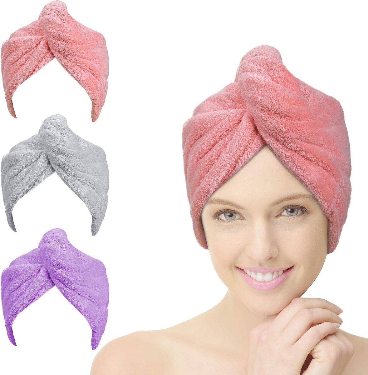 3-pack haardroogmuts, zachte microfiber haardroogdoeken, superabsorberende sneldrogende badhoofdomslag voor dames (roze en paars en grijs)