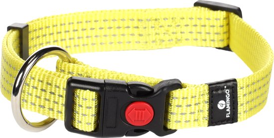 Collier jaune avec rayures réfléchissantes, boucle noire et bouton rouge. Logo Flamingo.