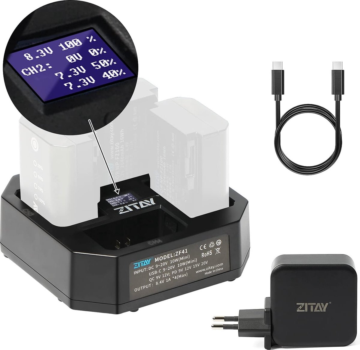 ZITAY NP-FZ100 Batterijlader 4-Kanaals LCD-Scherm QC PD snel Opladen