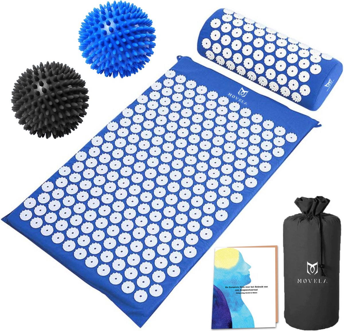 Goedkoopste Movela® Spijkermat met Kussen - Acupressuur Mat Set met Spijkerkussen - Spijkerbed - Shakti Massage - Drukpunten Massagemat - Triggerpoint Bal - 74 x 42 cm - Inclusief E-book - Blauw XL