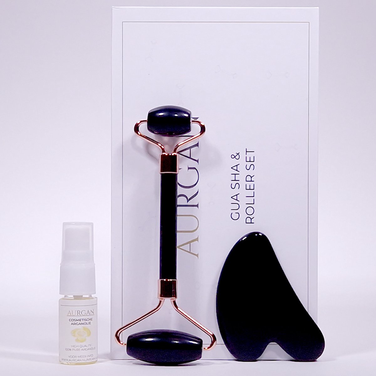 Aurgan Black Obsidian Jade Roller - met Black Obsidian Gua Sha steen - inclusief 10ml arganolie - massage - Stimuleert doorbloeding - Anti rimpel massage - zwarte obsidiaan