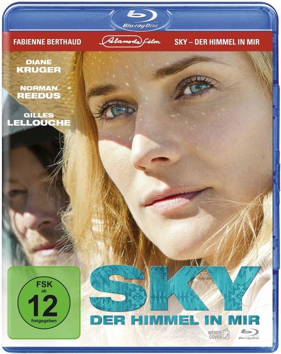 Close-up van Diane Kruger op de hoes van de film 'Sky'. Ze heeft blond haar, blauwe ogen en draagt een lichte blouse. De titel 'SKY DER HIMMEL IN MIR' staat prominent op de voorgrond.