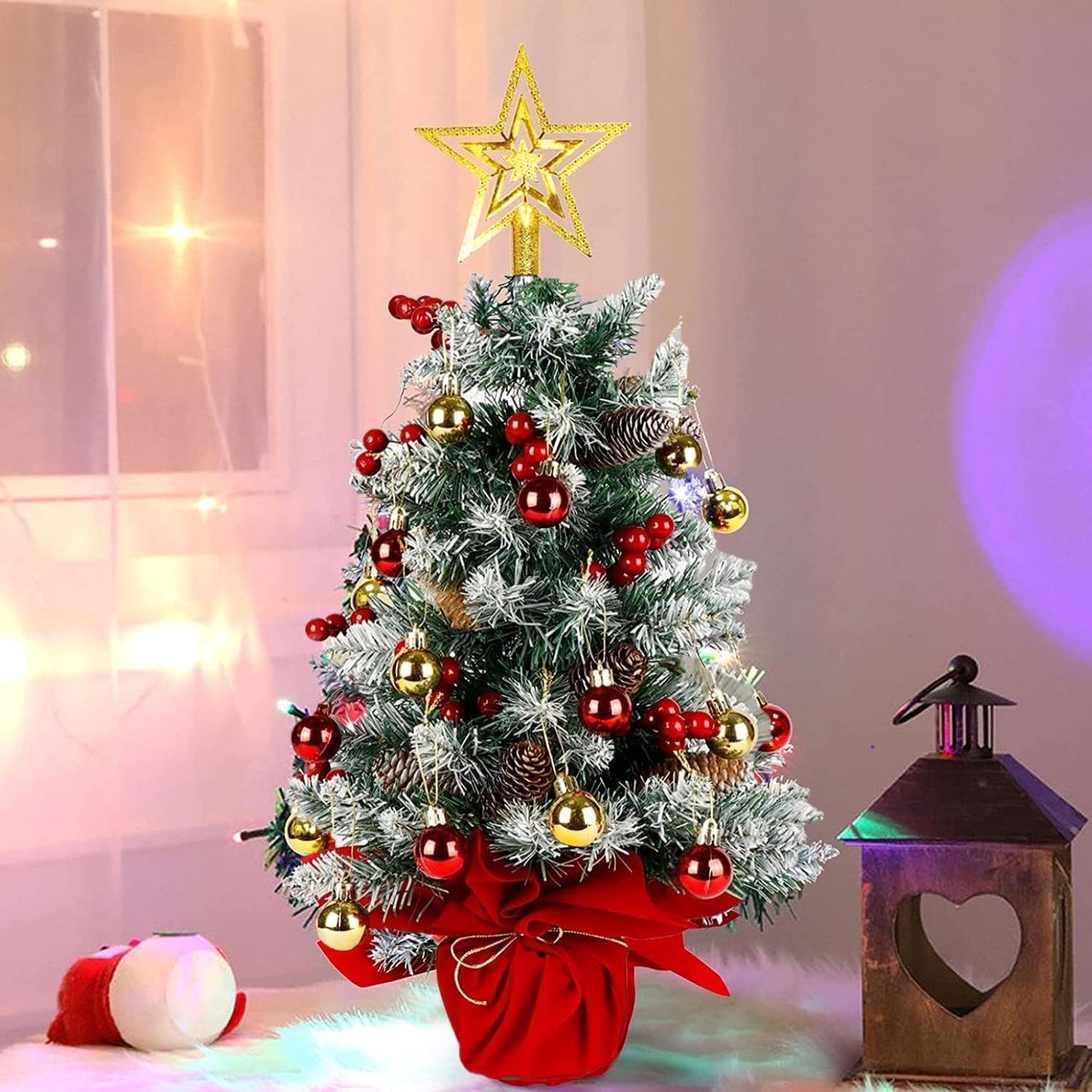 Kunstkerstboom 60 cm in pot met kerstbal, rode bessen, ster voor tafeldecoratie voor Kerstmis, huis, kantoor