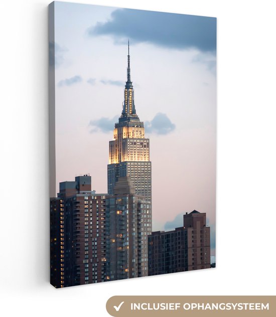 Canvas schilderij 90x140 cm - Wanddecoratie Empire State Building Manhattan NY - Muurdecoratie woonkamer - Slaapkamer decoratie - Kamer accessoires - Schilderijen