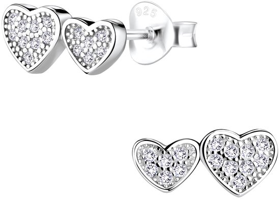 Joy|S - Zilveren hartje oorbellen - dubbele hartjes - zirkonia - gehodineerd