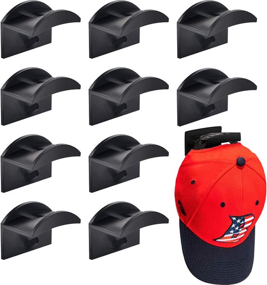 Pakket van 10 zelfklevende hoedenhouders, pet haken voor wandmontage, geen boren, hoedenplank organizer, sterke grip voor baseballpetten, moderne hoedenhangers, opslag (zwart)