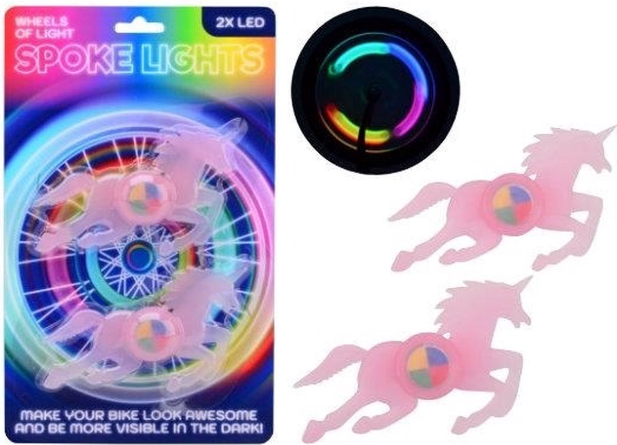 Unicorn - Spaak verlichting - 2 stuks - Wiel verlichting - Eenhoorn - Veilig fietsen - Fiets - Kinderen - Zichtbaar - LED - Reflectoren - Wheels of light - Bicycle - Roze - Inclusief batterijen - Cadeau