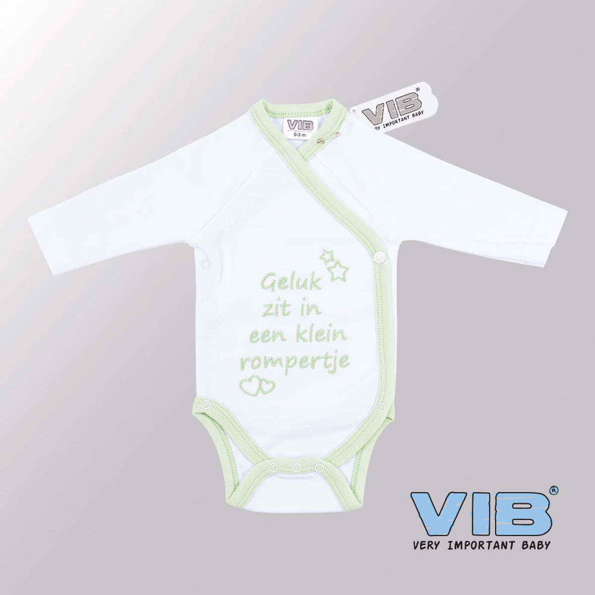 VIB® - Rompertje (overslag) Luxe Katoen - Geluk zit in een klein rompertje (Wit-Mint) - Babykleertjes - romper - rompertjes - rompertjes met tekst - baby cadeau - baby aankondiging - overslagromper