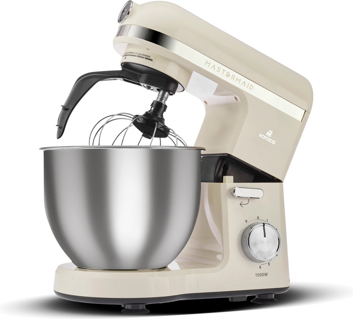 Karaca Mastermaid Chef Pro Dubbelarmige Keukenchef 1500W Zachte Room, Glanzende Room, 1500W, 5 L Mixer, Keukenmachine, Snelheidsinstelling, Deeghaak, Kloppen, Kneden en mengen