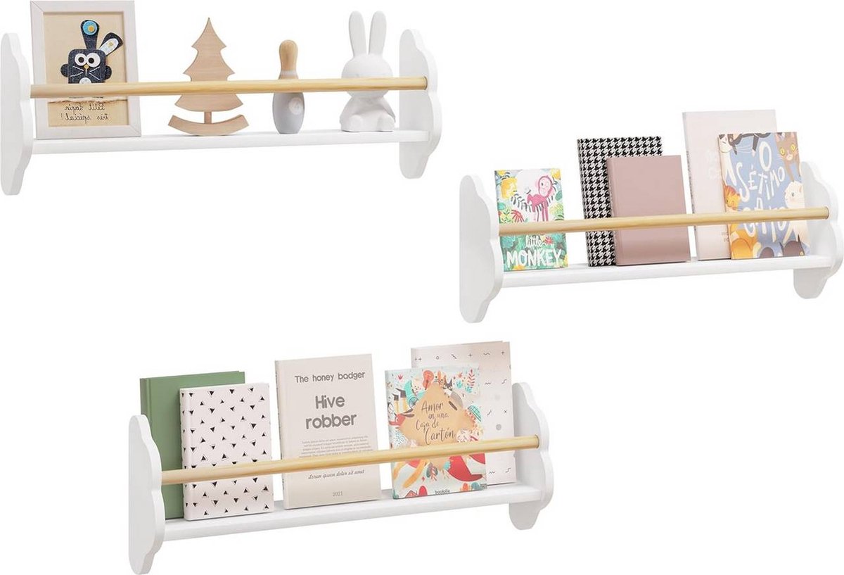 BukkitBow Wandplanken voor Kinderen / Kinderkamer - Rechtopstaande Boekenplanken - Set van 3 Stuks - Groot (65x23x12.7CM) Wit