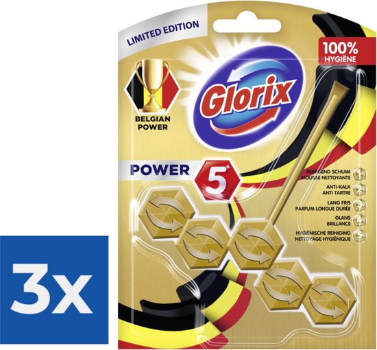 Glorix Power 5, voordeelverpakking van 3 toiletblokken met Belgische vlagkleuren en luipaardprint