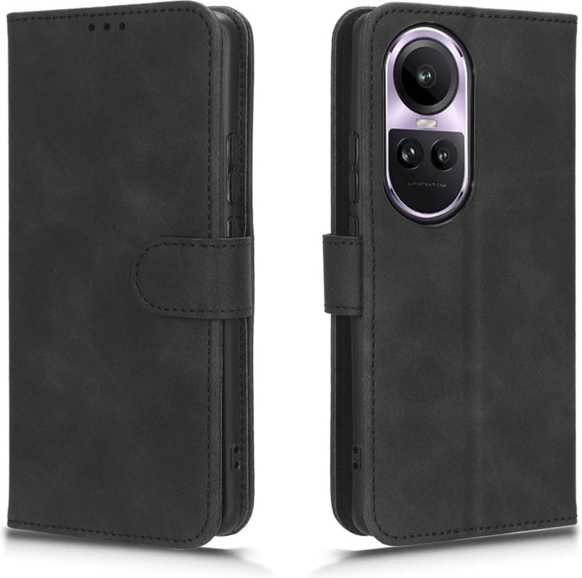 Geschikt voor Oppo Reno 10 / 10 Pro 5G - Book Case - Portemonee Flip cover hoesje - Gemaakt van Leer - Zwart