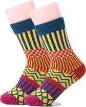 Warme Winter Sokken - Dames maat 35-39 - Vintage sokken geel/petrol/roze - Huissokken - Noorse stijl
