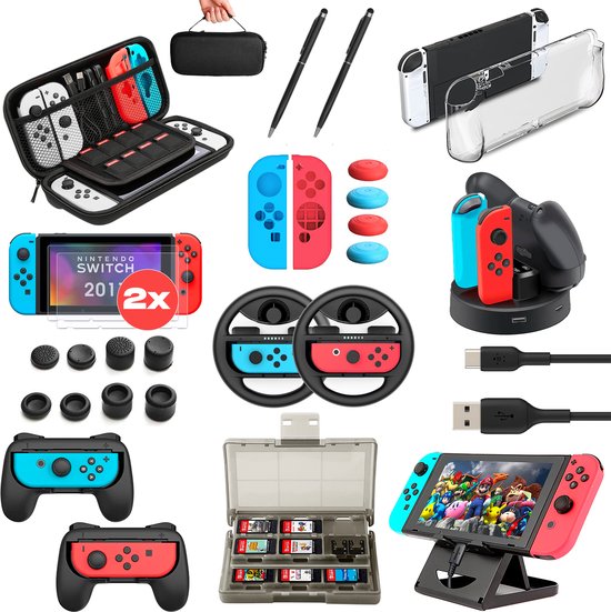 Lenx Accessoires Set geschikt voor Nintendo Switch Oled - 30-in-1 Set - Case - Beschermhoes - Opbergtas - Screenprotector - Joy Con Grips - Stuur - Wheels - Oplaadstation - Game Card Box - Cadeautip