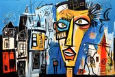 JJ-Art (Canvas) 120x80 | Amsterdam in Herman Brood stijl, abstract, - kleurrijk - felle kleuren, woonkamer slaapkamer, kunst | Nederland, stad, blauw, rood, bruin, modern | Foto-Schilderij print (wanddecoratie)