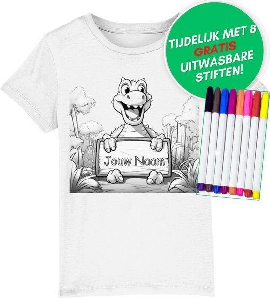Inkleurbaar t-shirt kinderen – dino - kinderspeelgoed – 5 tot 6 jaar - eigen naam – gepersonaliseerd – kleuren – viltstiften voor kinderen – t-shirt
