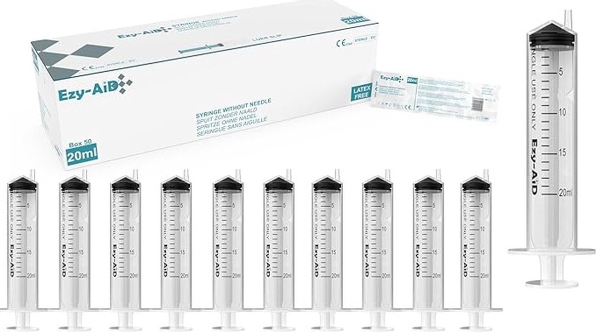 Goedkoopste 50st. - 20 ml Ezy-Aid wegwerp steriele injectie spuit | Zeer nauwkeurig | Luer Slip Tip, medische spuiten voor eenmalig gebruik zonder naalden, niet-pyrogeen, latexvrij voor het doseren van vloeistof, geen naald