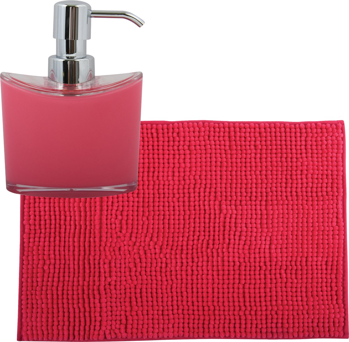 MSV badkamer droogloop mat tapijtje 40 x 60 cm en zelfde kleur zeeppompje 260 ml fuchsia roze