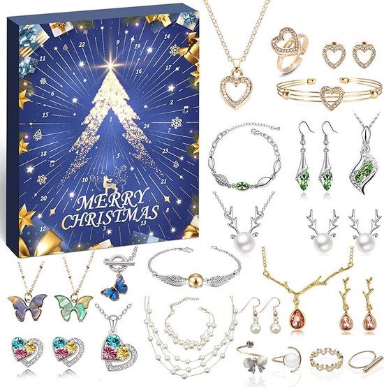 Adventskalender voor dames - 2023 kerstkalender, 24 verrassingen, armband, halsketting, ring, oorbellen, aftelkalender, sieradenset, kerstcadeau voor dames en meisjes.