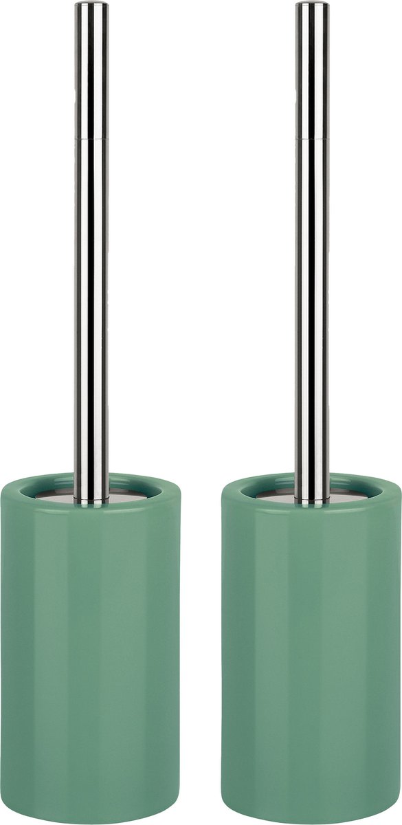 Spirella Luxe Toiletborstel in houder Sienna - 2x - salie groen glans - porselein - 42 x 10 cm - met binnenbak