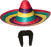 Carnaval verkleed set - Mexicaanse sombrero hoed dia 49 cm met plaksnor - multi kleuren - heren
