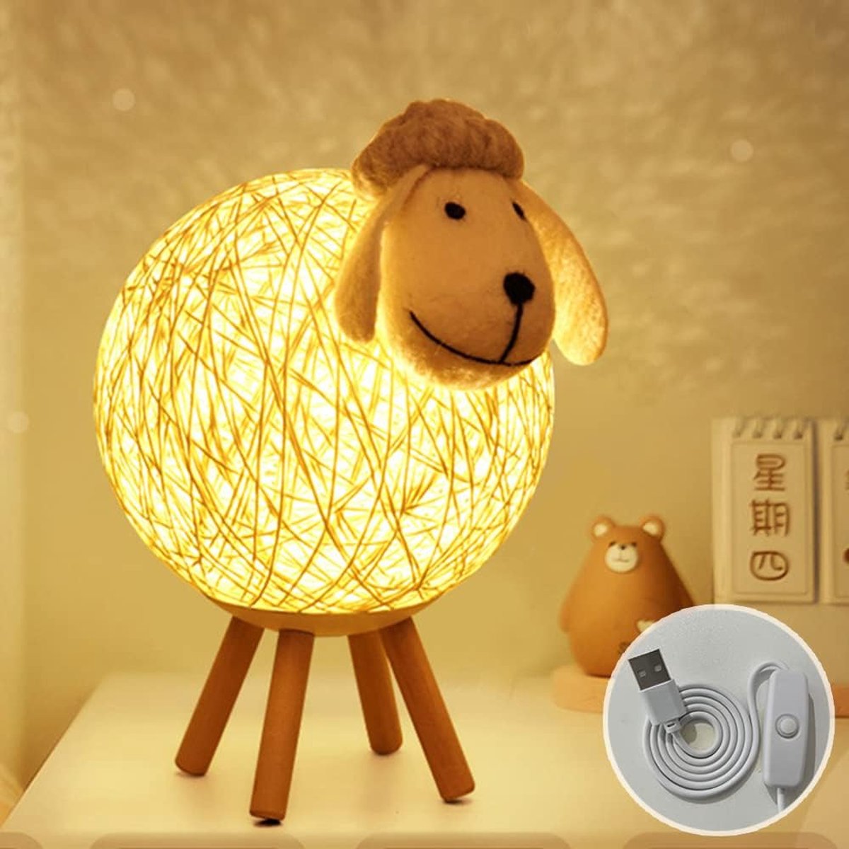 Goeco Tafellampen - Veilleuse LED - USB - Interrupteur Poussoir - Mouton Lampe de Chevet en Rotin - 21CM