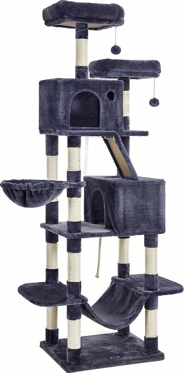Krabpaal groot, 206 cm hoog, XXL kattenboom, met 13 krabzuilen, 2 platforms, 2 holten, mand, hangmat, pluche ballen, meerlaagse kattenkrabpaal, rookgrijs thumbnail 7