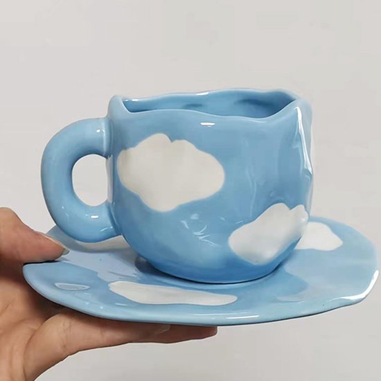 Koythin Keramische koffie mollige mok schotelset, creatieve schattige dikke handgreep kop met schotel voor kantoor en thuis, vaatwasser- en magnetronbestendig, 10 oz voor latte theemelk (lichtpaars