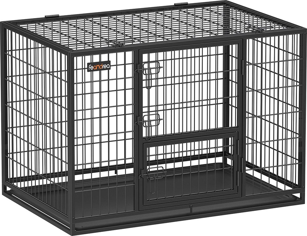 Feandrea Hondenbench, hoog belastbaar, roosterbox, draagbare huisdierenkooi, 107 x 70 x 74,9 cm, voor middelgrote en grote honden, veilig, 2 afneembare deuren, puppyuitloop, XL, zwart