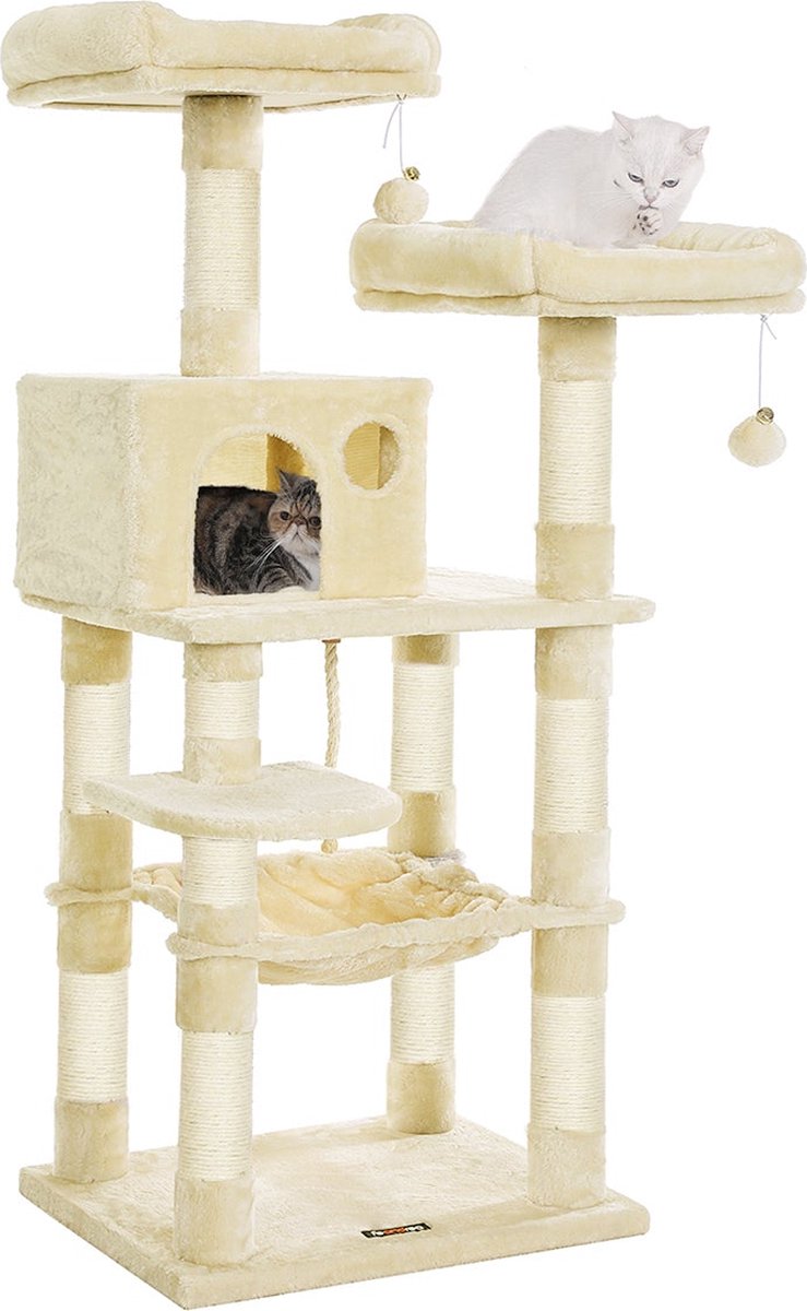 Feandrea Krabpaal 143 cm - Stevige Kattenboom - met Kattenhuis - ligplekken en krabplekken - beige