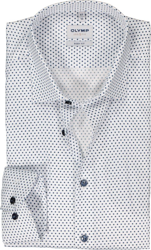 OLYMP Level 5 body fit overhemd - mouwlengte 7 - structuur - wit met blauw dessin - Strijkvriendelijk - Boordmaat: 40