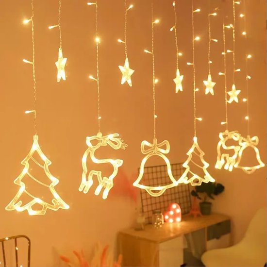 LED Kerstverlichting - Lichtgordijn - 2,5M - Warm wit - Lichtsnoer - Lichtgordijn - Kerstversiering - Raamdecoratie - Kerstboom - Rendier - Bel