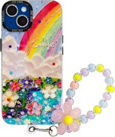 MNCdigi - Oil Paint beschermhoes - Regenboog - Geschikt voor iPhone 14 - Trendy telefoon case met kralen polsband en diamanten camera covers