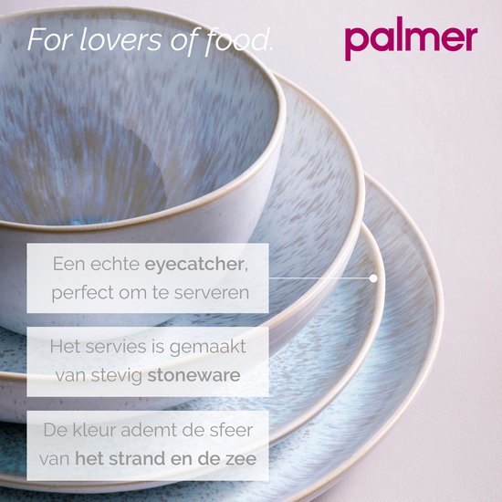 Palmer servies set met gespikkeld lichtblauw stoneware, inclusief tekst over de strandkleuren en servieskwaliteit.