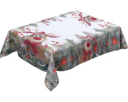 Kerst Tafelkleed, Rood Groen Kerst Tafelkleed, 80 x 120 cm, Gemaakt van Linnen Materiaal, Wasbaar, Vervaagt Niet, Rendier (Rudolph met Rode Neus) Kerst Decoratie Tafelkleed