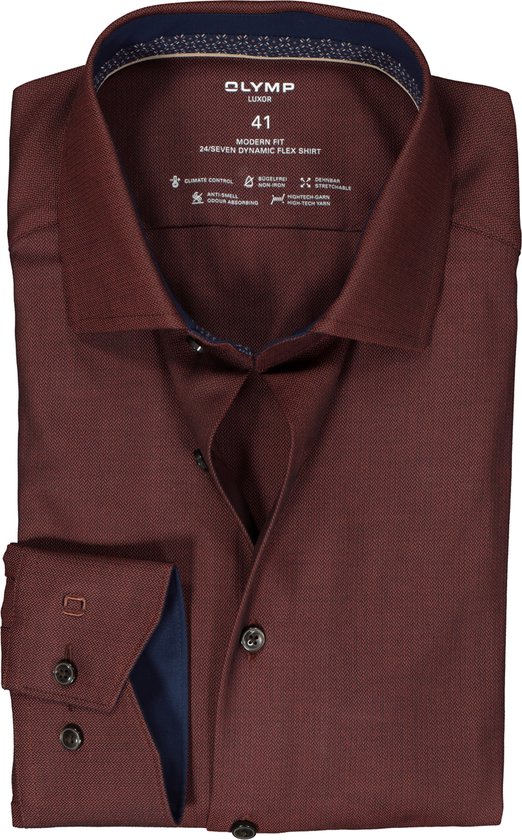 OLYMP 24/7 modern fit overhemd - herringbone - roodbruin (contrast) - Strijkvriendelijk - Boordmaat: 45