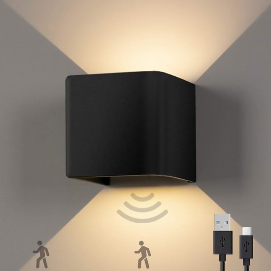 Goliving Wandlamp Op Accu – Wandlamp Binnen – Oplaadbaar - Draadloos – PIR Bewegingssensor – USB-C – 4400 mAh - Warm Wit Licht - Zwart